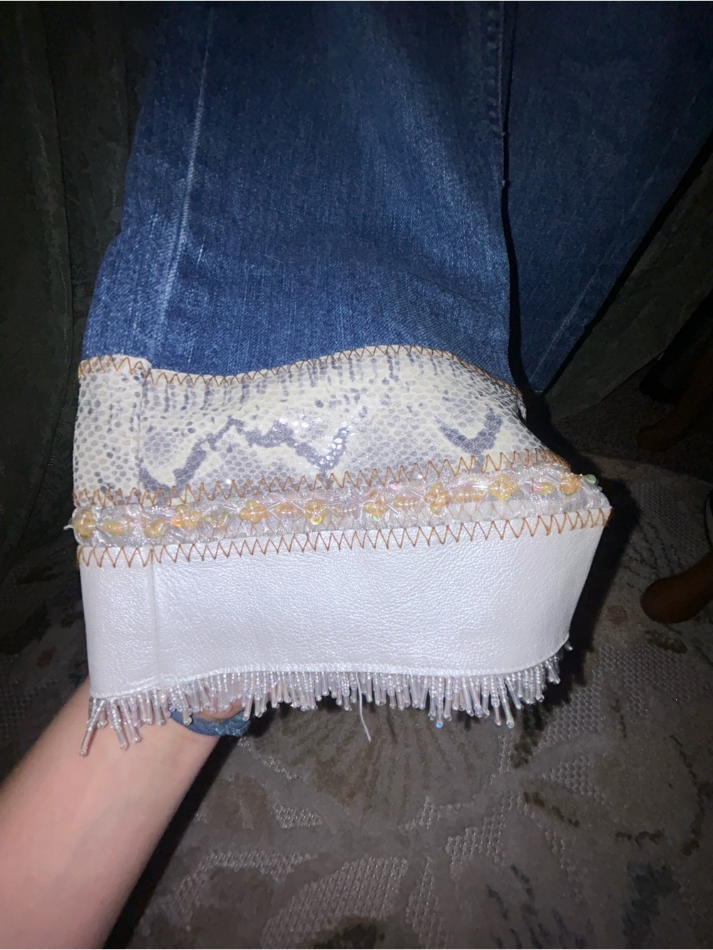 Y2K High-Rise Blue Denim Jeans Snakeskin Embossed Leather and Beaded Hem